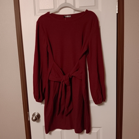 PRETTYGARDEN Women's Burgundy Long Lantern Sleeve Dress Crewneck Tie Waist Dress - Picture 6 of 8